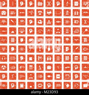 100 knowledge icons set grunge orange Stock Vector