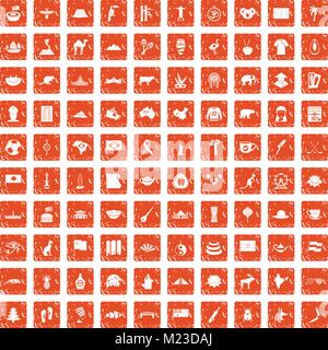 100 landmarks icons set grunge orange Stock Vector