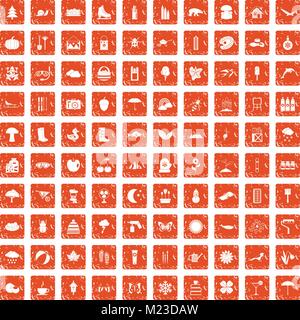 100 landscape icons set grunge orange Stock Vector