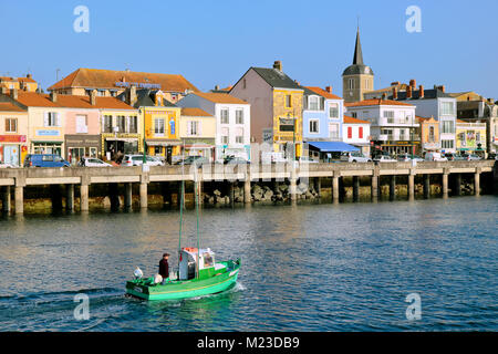 Fishing boat passing La Chaume quarter, Les Sables-d'Olonne, Vendée, France Stock Photo