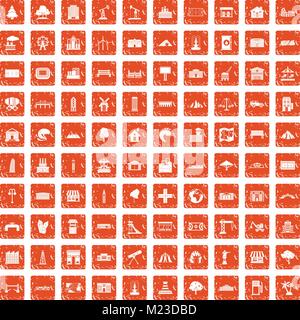 100 landscape element icons set grunge orange Stock Vector