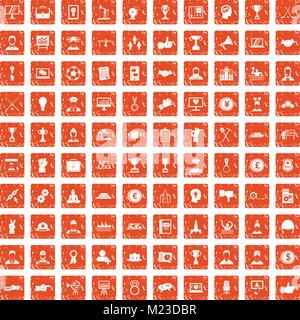 100 leadership icons set grunge orange Stock Vector