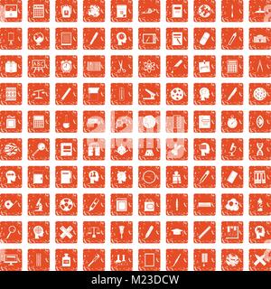 100 learning icons set grunge orange Stock Vector