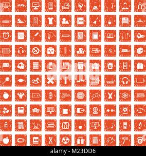 100 learning kids icons set grunge orange Stock Vector