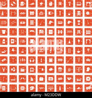 100 leisure icons set grunge orange Stock Vector