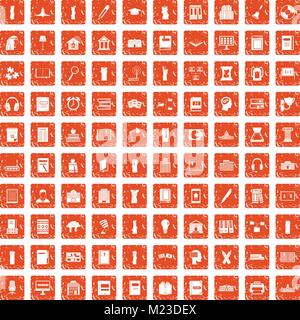 100 library icons set grunge orange Stock Vector