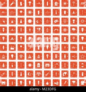 100 light source icons set grunge orange Stock Vector