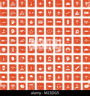 100 aviation icons set grunge orange Stock Vector