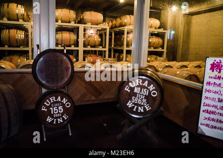 Wooden barrels use to store Japanese wine produced in wineries on Furano, Hokkaido. Furano Winery is open to the public and includes free wine tasting Stock Photo