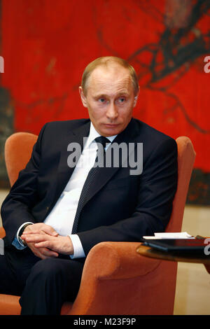 Belgrade, Serbia - March 23, 2011: Russian president Vladimir Putin in front of press representatives before the meeting with Serbian president Boris  Stock Photo