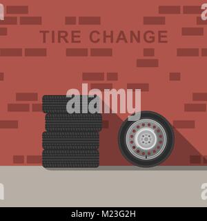 Garage interior with wheels and tire Stock Vector