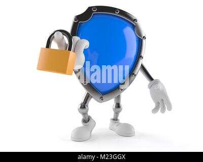 Shield character with padlock isolated on white background Stock Photo