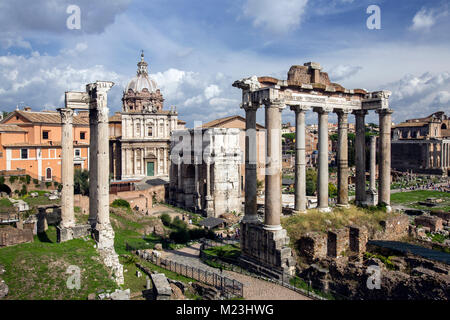 Roman Forum with Temple of Saturn and Arch of Septimius Severus, Rome, Italy Stock Photo