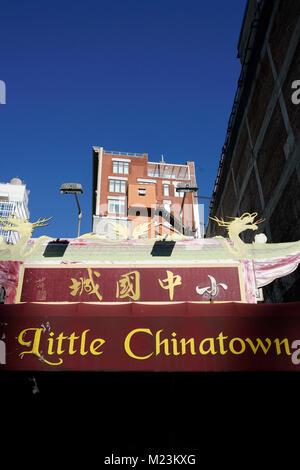 Sign of Little Chinatown written in English and Chinese characters on Canal Street.Manhattan.Chinatown.New York City.USA Stock Photo