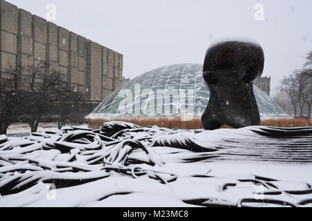 'Nuclear Energy' sculpture and temporary 'Nuclear Thresholds' art installation where the 1st atomic reaction took place on the Univ of Chicago campus Stock Photo