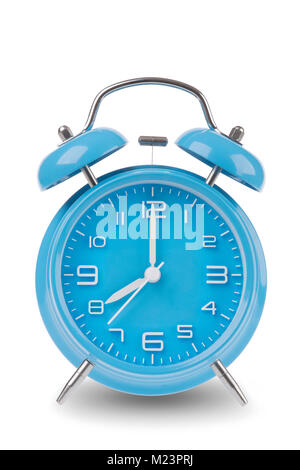 Blue alarm clock with the hands at 8 am or pm isolated on a white background, One of a set of 12 images showing the top of the hour starting with 1 am Stock Photo