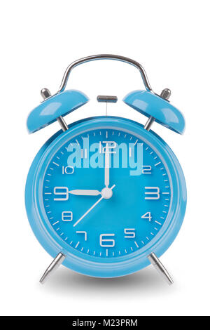 Blue alarm clock with the hands at 9 am or pm isolated on a white background, One of a set of 12 images showing the top of the hour starting with 1 am Stock Photo
