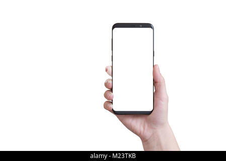 Isolated modern smart phone with round edges in woman hand. Stock Photo