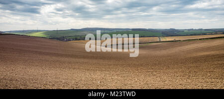 Ploughed fields and pastures cover the rolling landscape of the Dorset Downs hills, with Hardy's monument in the distance. Stock Photo