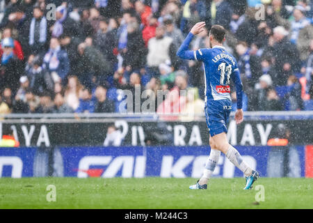 Barcelona, Spain. 04th Feb, 2018. RCD Espanyol forward Leo Baptistao (11) during the match between RCD Espanyol and FC Barcelona, for the round 22 of the Liga Santander, played at RCDE Stadium on 4th February 2018 in Barcelona, Spain. Credit: Gtres Información más Comuniación on line, S.L./Alamy Live News Stock Photo
