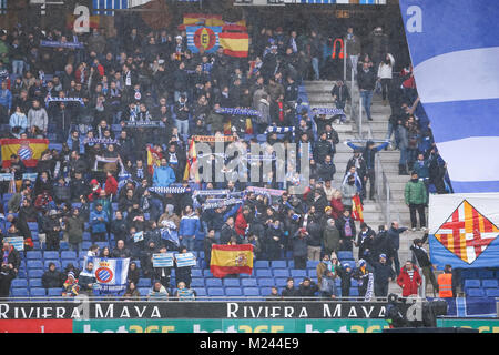 Barcelona, Spain. 04th Feb, 2018. RCD Espanyol supporters during the match between RCD Espanyol and FC Barcelona, for the round 22 of the Liga Santander, played at RCDE Stadium on 4th February 2018 in Barcelona, Spain. Credit: Gtres Información más Comuniación on line, S.L./Alamy Live News Stock Photo