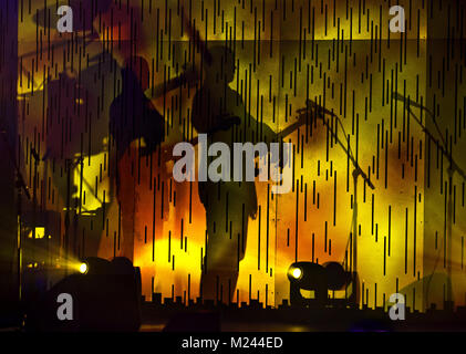 Las Vegas, Nevada, USA. 14th Jan, 2016. Band members are reflected on the stage wall by cool lighting as they ready to perform during a preview of The Foundry at SLS in Las Vegas, Nevada. Credit: L.E. Baskow/ZUMA Wire/Alamy Live News Stock Photo