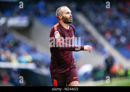 Barcelona, Spain. 04th Feb, 2018. FC Barcelona midfielder Andres Iniesta (8) during the match between RCD Espanyol and FC Barcelona, for the round 22 of the Liga Santander, played at RCDE Stadium on 4th February 2018 in Barcelona, Spain. Credit: Gtres Información más Comuniación on line, S.L./Alamy Live News Stock Photo