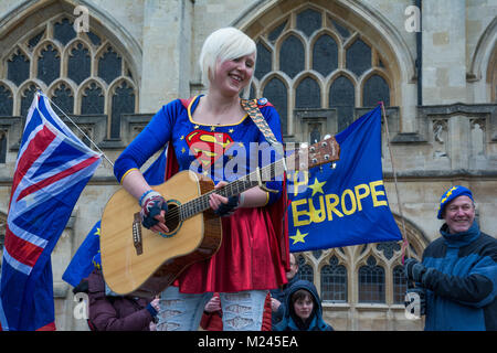 Bath, UK, 4th February 2018. Bath Pulse for Europe, A youth lead anti Brexit event in Bath City centre featuring theatre, music, speeches and a march around the streets of Bath. Organised by Bath for Europe. Madeleina Kay EU Supergirl. Credit: Stephen Bell/Alamy Live News Stock Photo