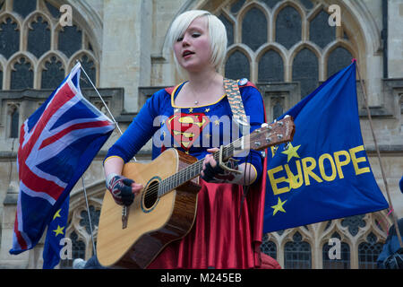 Bath, UK, 4th February 2018. Bath Pulse for Europe, A youth lead anti Brexit event in Bath City centre featuring theatre, music, speeches and a march around the streets of Bath. Organised by Bath for Europe. Madeleina Kay EU Supergirl. Credit: Stephen Bell/Alamy Live News Stock Photo