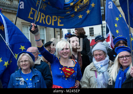 Bath, UK, 4th February 2018. Bath Pulse for Europe, A youth lead anti Brexit event in Bath City centre featuring theatre, music, speeches and a march around the streets of Bath. Organised by Bath for Europe. Central, Madeleina Kay EU Supergirl. Credit: Stephen Bell/Alamy Live News Stock Photo