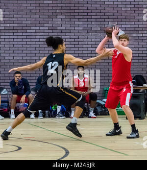 Brentwood, Essex, 4th February 2018 Shaq Lewis (12) moves to attack  at the Basketball match at Brentwood credit Ian Davidson/Alamy Live News Stock Photo