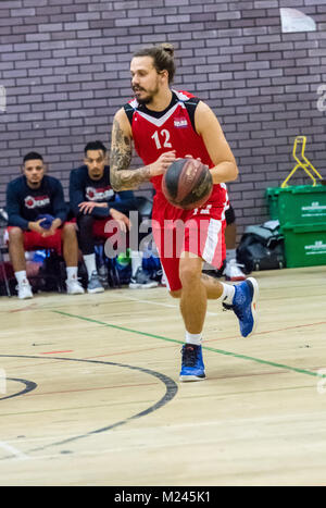 Brentwood, Essex, 4th February 2018 Joe Carter (12) of Sussex Bears attacks  at the Basketball match at Brentwood credit Ian Davidson/Alamy Live News Stock Photo
