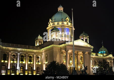 BELGRADE, SERBIA - DECEMBER 4, 2017: The building of the National Assembly and Parliament of the Republic of Serbia in Belgrade at night Stock Photo