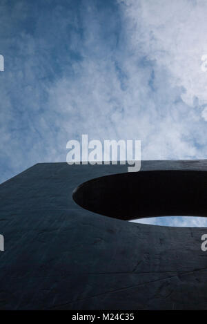 Looking through Four-Square (Walk Through) bronze sculpture at the Barbara Hepworth museum in St Ives, Cornwall. Stock Photo