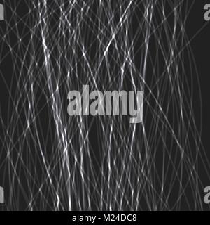 Random placed intersected lines on black. Abstract vector background with chaotic curved stripes. Stock Vector