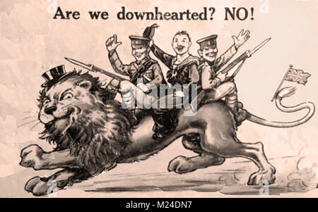 First World War (1914-1918)  aka The Great War or World War One - Trench Warfare - WWI  - Propaganda postcard - British lion, soldiers and sailor  'Are we Downhearted No!' Stock Photo