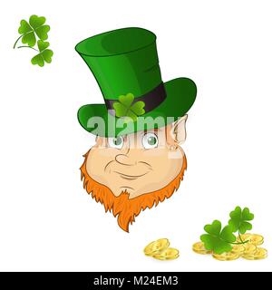 Symbol of St. Patrick's Day. Portrait of a gnome in a hat with clover leaves Stock Vector