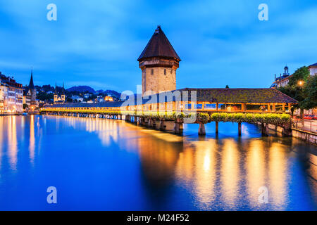 Lucerne, Switzerland. Chapel bridge at night. Stock Photo