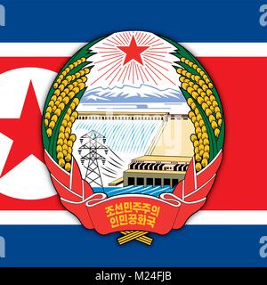 North Korea coat of arms and flag, symbols of the country Stock Vector