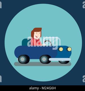 Happy woman driving a car. Vector illustration of a cheerful female driver. Stock Vector