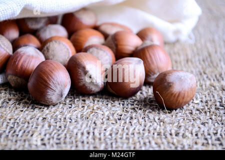 Hazelnuts and nuts lying the table. Healthy snack food. Stock Photo