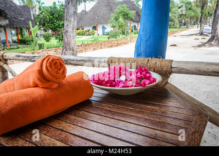 Towels on the beach for a swim in the afternoon. Towel after bat Stock Photo