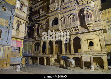 Night scene at the yellow sandstone carved Patwon Ji Ki Haveli, Jaisalmer, Rajasthan, India Stock Photo