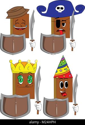 Books holding a sword and shield. Cartoon book collection with costume faces. Expressions vector set. Stock Vector