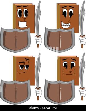 Books holding a sword and shield. Cartoon book collection with happy faces. Expressions vector set. Stock Vector