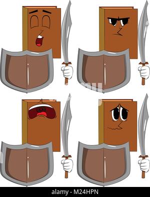 Books holding a sword and shield. Cartoon book collection with sad faces. Expressions vector set. Stock Vector