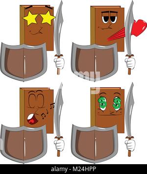 Books holding a sword and shield. Cartoon book collection with various faces. Expressions vector set. Stock Vector