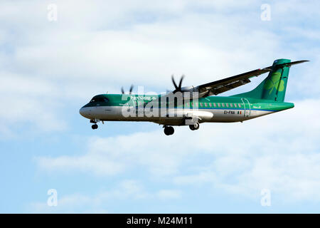 Aer Lingus Regional (operated by Stobart Air) ATR72 landing at Birmingham Airport, UK (EI-FNA) Stock Photo
