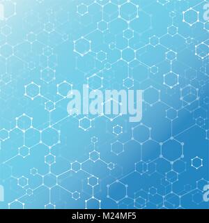 Abstract technology  geometric hexagon with dots line connection blue background. DNA medical and molecules. Vector illustration Stock Vector