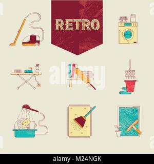 Cleaning service retro colored line icon set concept vector illustration Stock Vector